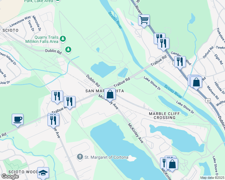 map of restaurants, bars, coffee shops, grocery stores, and more near 2828 Marblevista Boulevard in Columbus