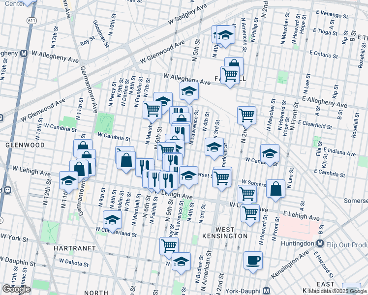 map of restaurants, bars, coffee shops, grocery stores, and more near 431 West Cambria Street in Philadelphia