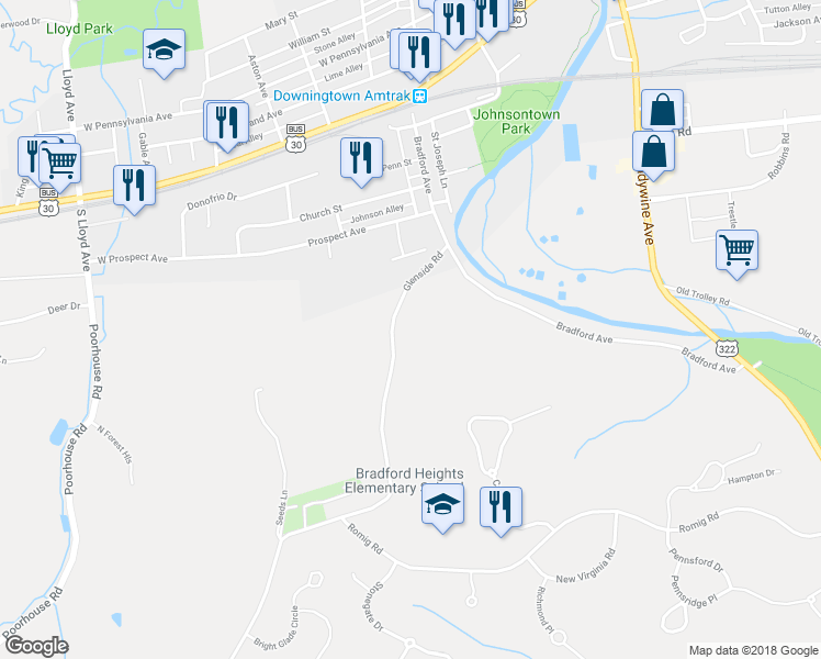 map of restaurants, bars, coffee shops, grocery stores, and more near 1012 Glenside Rd in Downingtown