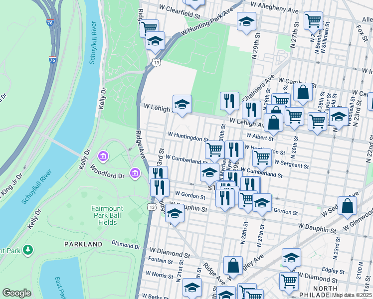map of restaurants, bars, coffee shops, grocery stores, and more near 2532 North Patton Street in Philadelphia