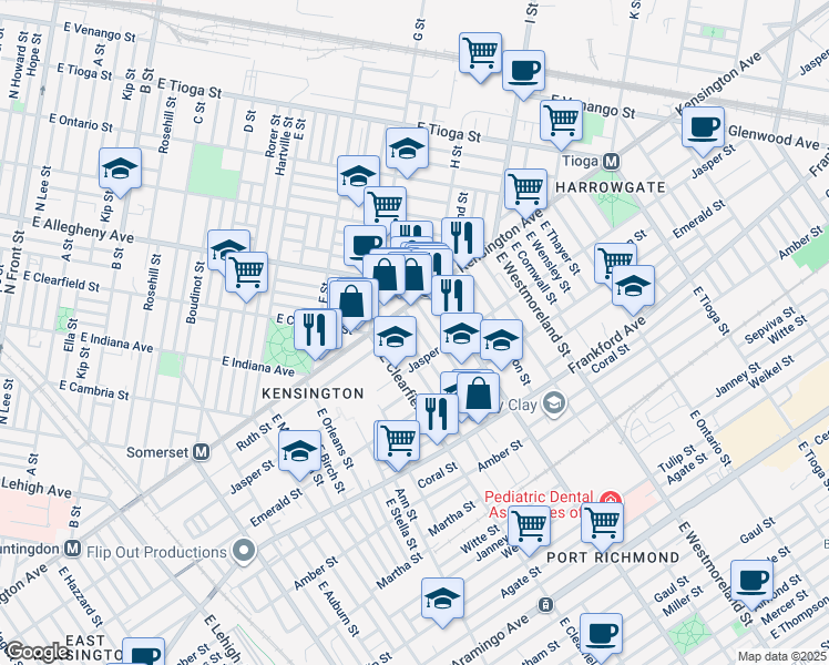 map of restaurants, bars, coffee shops, grocery stores, and more near 1832 East Lippincott Street in Philadelphia