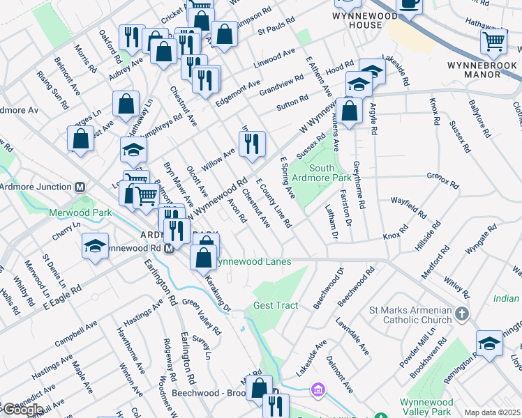 map of restaurants, bars, coffee shops, grocery stores, and more near 2157 Chestnut Avenue in Ardmore