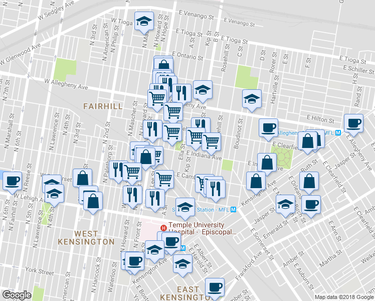 map of restaurants, bars, coffee shops, grocery stores, and more near 235 East Indiana Avenue in Philadelphia