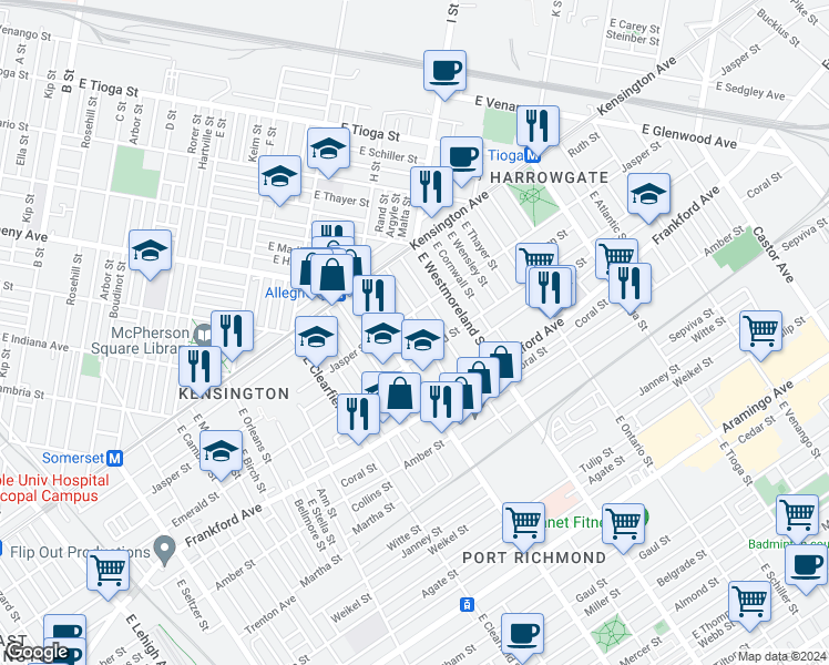 map of restaurants, bars, coffee shops, grocery stores, and more near 1932 East Madison Street in Philadelphia