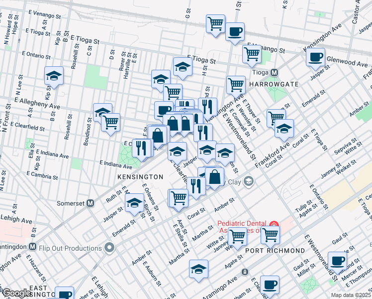 map of restaurants, bars, coffee shops, grocery stores, and more near 1832 East Lippincott Street in Philadelphia