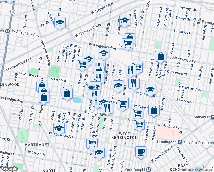 map of restaurants, bars, coffee shops, grocery stores, and more near 2906 North Leithgow Street in Philadelphia