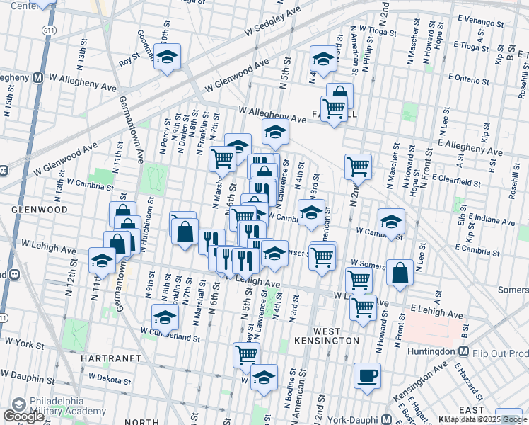 map of restaurants, bars, coffee shops, grocery stores, and more near 2901 North 5th Street in Philadelphia