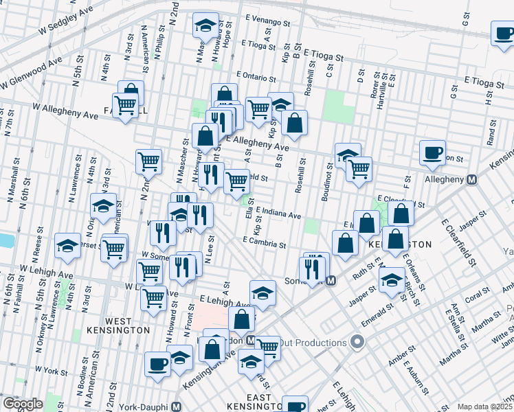 map of restaurants, bars, coffee shops, grocery stores, and more near 233 East Indiana Avenue in Philadelphia