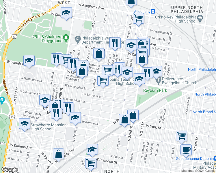 map of restaurants, bars, coffee shops, grocery stores, and more near 2441 West Harold Street in Philadelphia