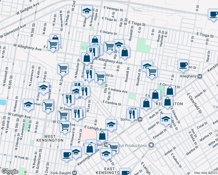 map of restaurants, bars, coffee shops, grocery stores, and more near 235 East Indiana Avenue in Philadelphia