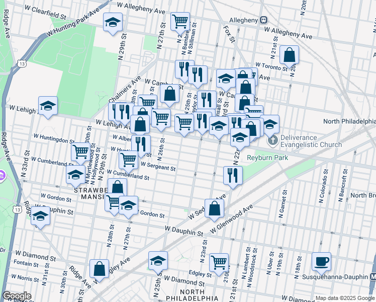 map of restaurants, bars, coffee shops, grocery stores, and more near 2433 West Harold Street in Philadelphia