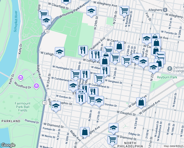 map of restaurants, bars, coffee shops, grocery stores, and more near 2836 West Huntingdon Street in Philadelphia