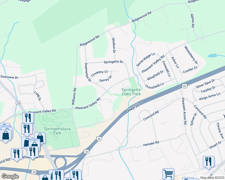 map of restaurants, bars, coffee shops, grocery stores, and more near 3610 Pleasant Valley Road in York