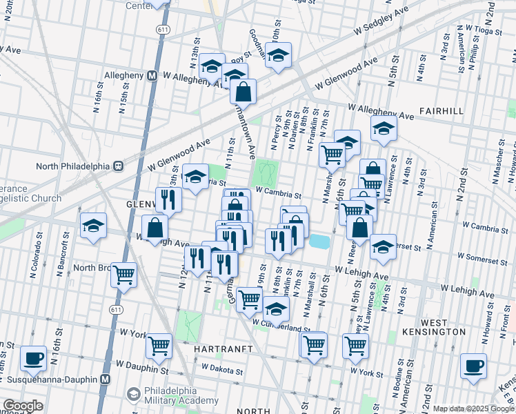 map of restaurants, bars, coffee shops, grocery stores, and more near 2832 North Hutchinson Street in Philadelphia