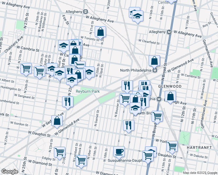 map of restaurants, bars, coffee shops, grocery stores, and more near 1801 West Glenwood Avenue in Philadelphia