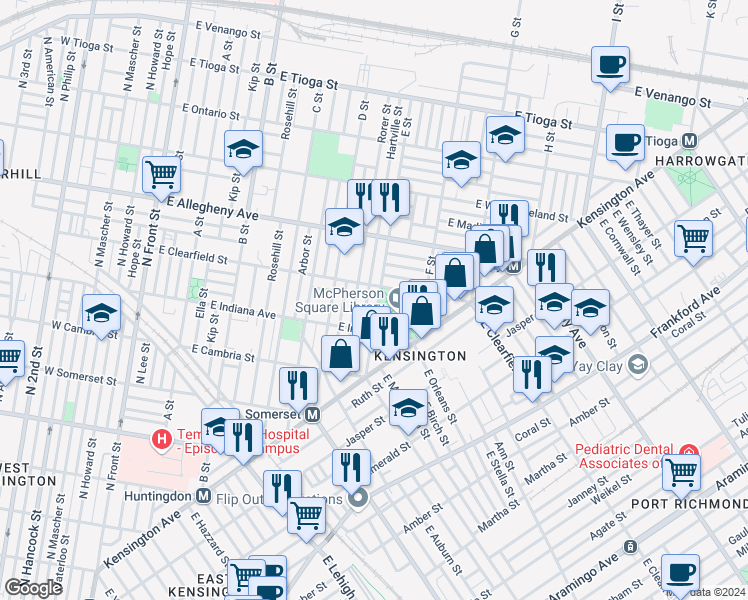 map of restaurants, bars, coffee shops, grocery stores, and more near 3048 E Street in Philadelphia