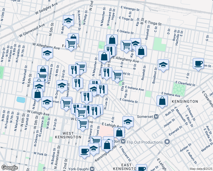 map of restaurants, bars, coffee shops, grocery stores, and more near 2955 North Front Street in Philadelphia