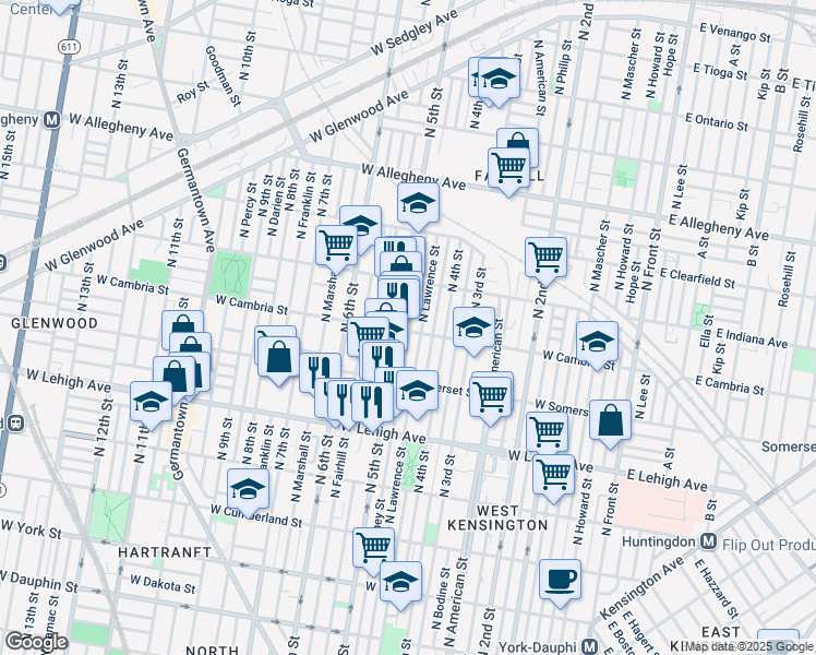 map of restaurants, bars, coffee shops, grocery stores, and more near 431 West Cambria Street in Philadelphia