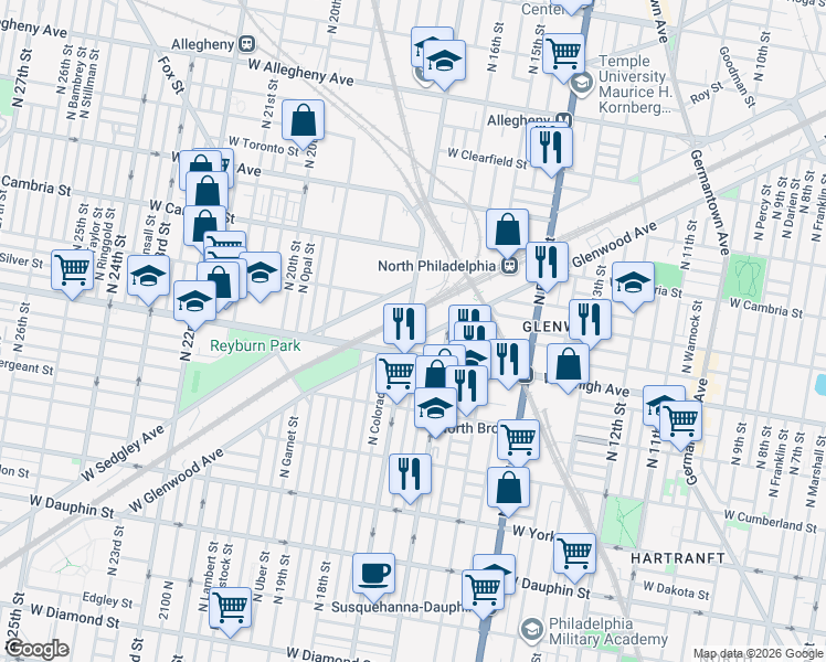 map of restaurants, bars, coffee shops, grocery stores, and more near 1630 West Lehigh Avenue in Philadelphia