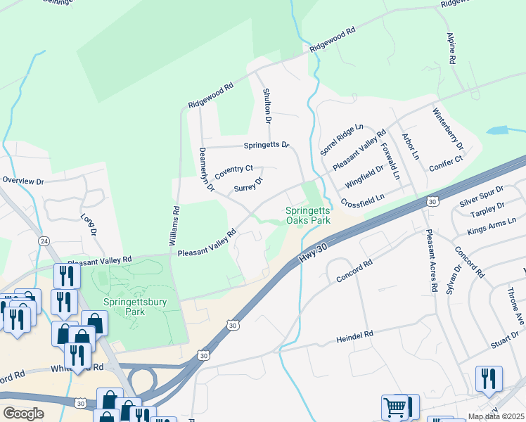 map of restaurants, bars, coffee shops, grocery stores, and more near 3610 Pleasant Valley Road in York