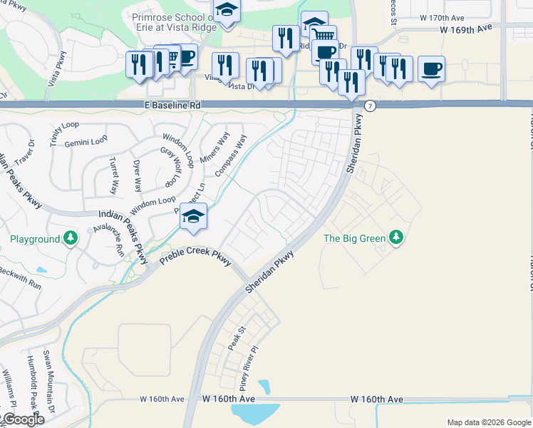map of restaurants, bars, coffee shops, grocery stores, and more near 2337 West 165th Lane in Broomfield