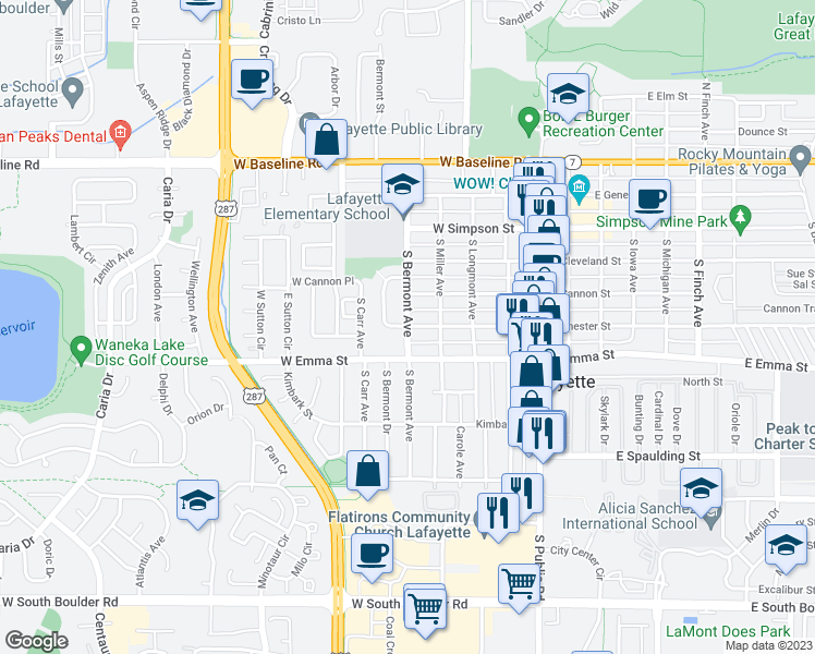 map of restaurants, bars, coffee shops, grocery stores, and more near S Bermont Ave & W Chester St in Lafayette