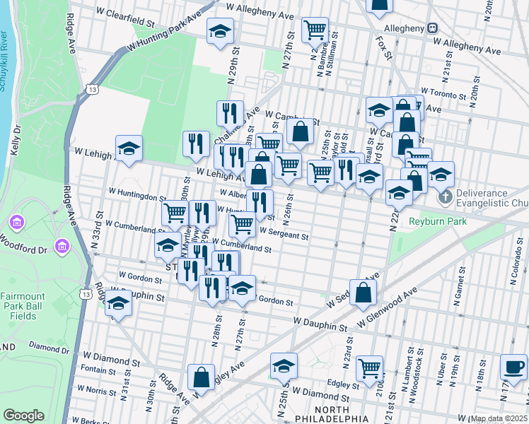 map of restaurants, bars, coffee shops, grocery stores, and more near 2607 North 27th Street in Philadelphia