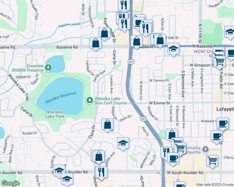 map of restaurants, bars, coffee shops, grocery stores, and more near 1140 Selworthy Court in Lafayette