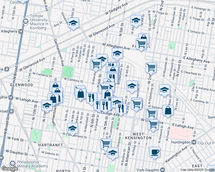 map of restaurants, bars, coffee shops, grocery stores, and more near W Cambria St & N Reese St in Philadelphia
