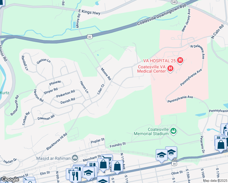 map of restaurants, bars, coffee shops, grocery stores, and more near 421 Dogwood Lane in Coatesville