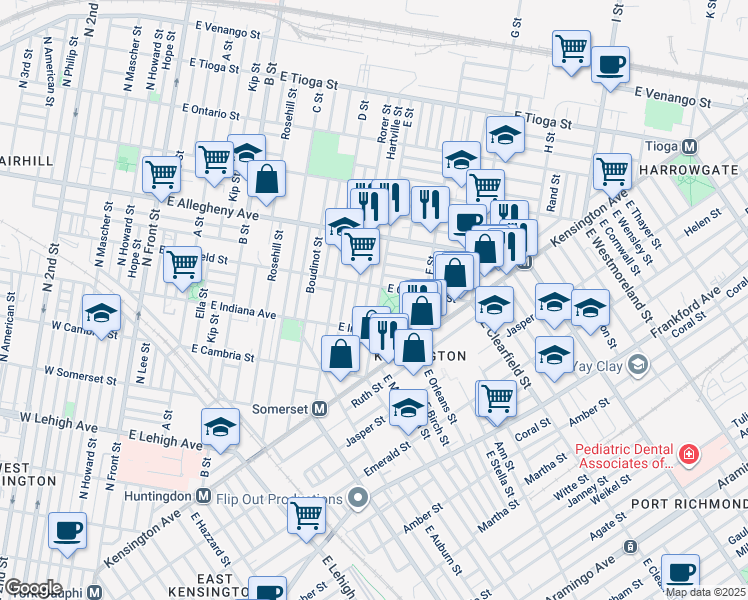 map of restaurants, bars, coffee shops, grocery stores, and more near 3048 E Street in Philadelphia