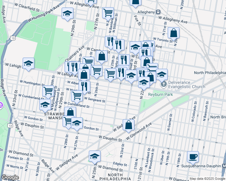 map of restaurants, bars, coffee shops, grocery stores, and more near 2413 West Harold Street in Philadelphia