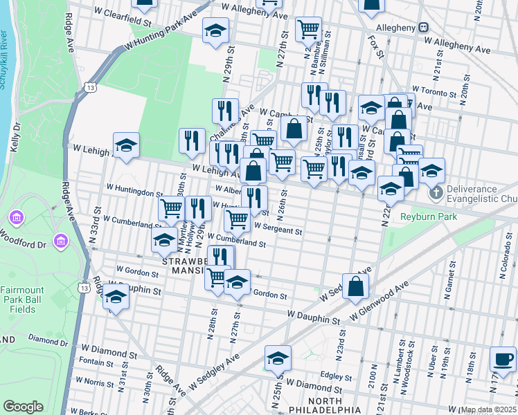 map of restaurants, bars, coffee shops, grocery stores, and more near 2607 North 27th Street in Philadelphia