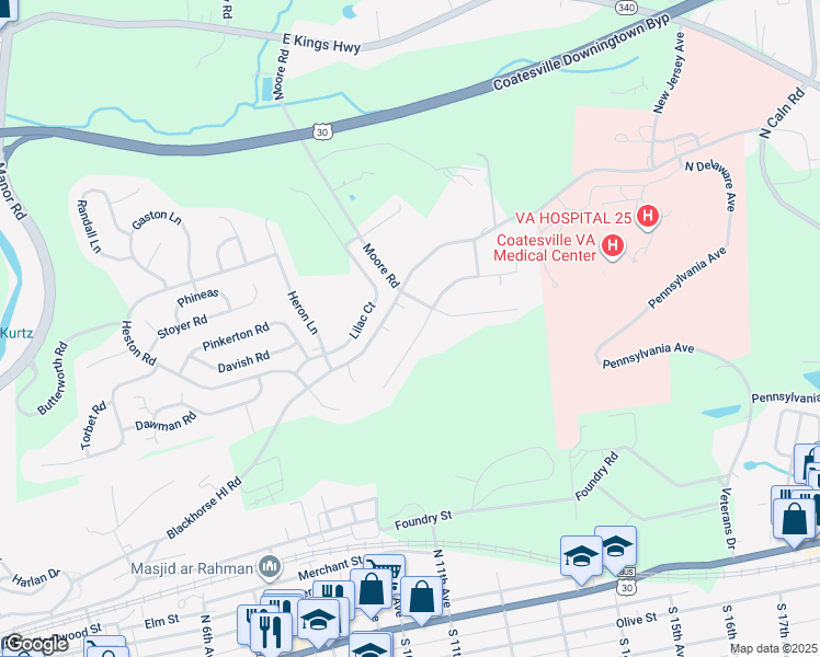 map of restaurants, bars, coffee shops, grocery stores, and more near 421 Dogwood Lane in Coatesville