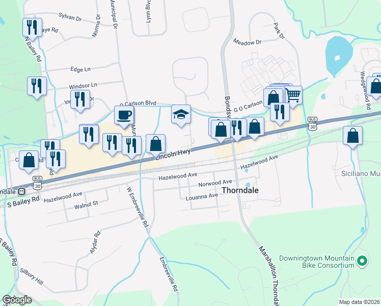 map of restaurants, bars, coffee shops, grocery stores, and more near 3609 Lincoln Highway East in Thorndale