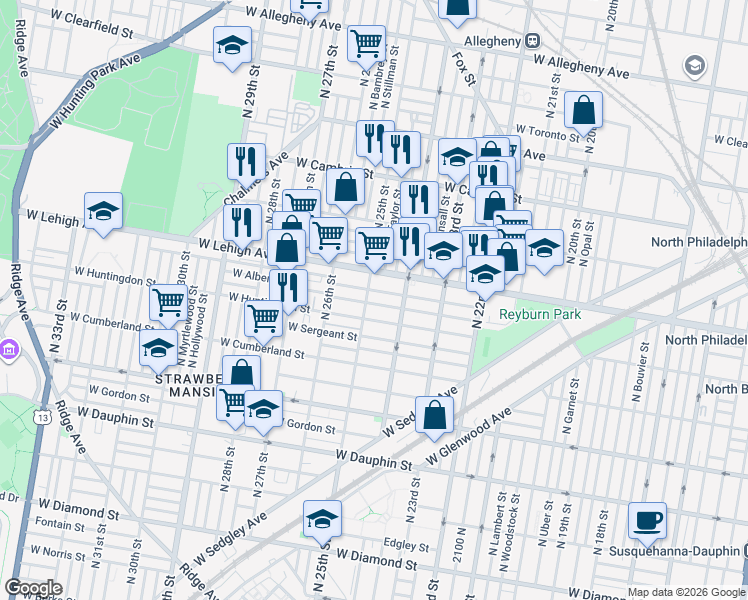 map of restaurants, bars, coffee shops, grocery stores, and more near in Philadelphia