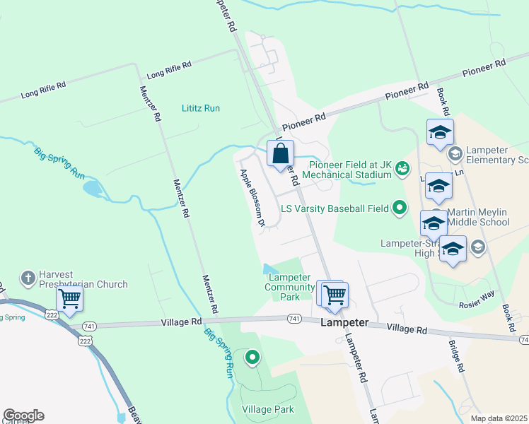 map of restaurants, bars, coffee shops, grocery stores, and more near 74 Apple Blossom Drive in Lancaster
