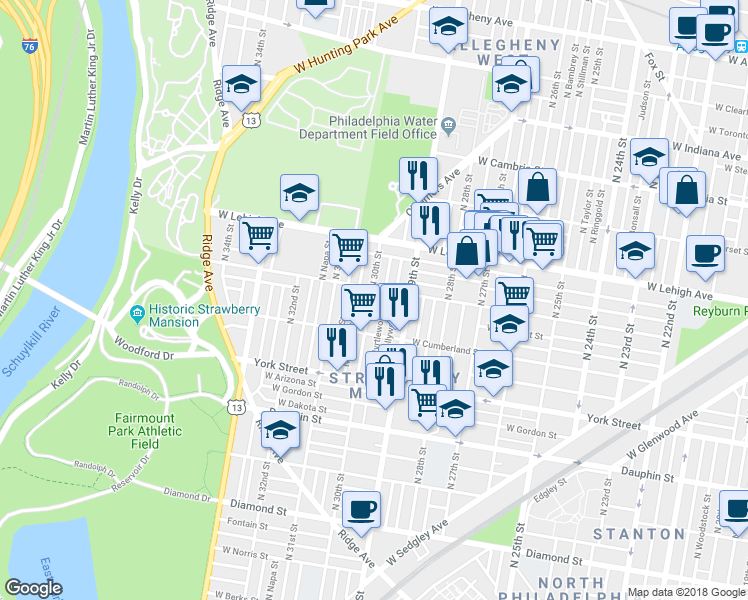 map of restaurants, bars, coffee shops, grocery stores, and more near 2551 North 30th Street in Philadelphia