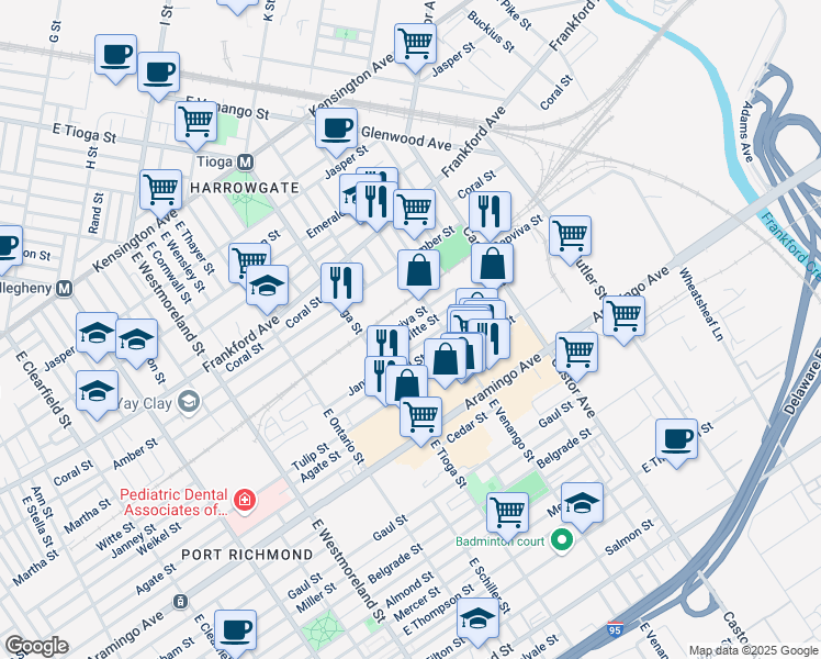map of restaurants, bars, coffee shops, grocery stores, and more near 3675 Amber Street in Philadelphia