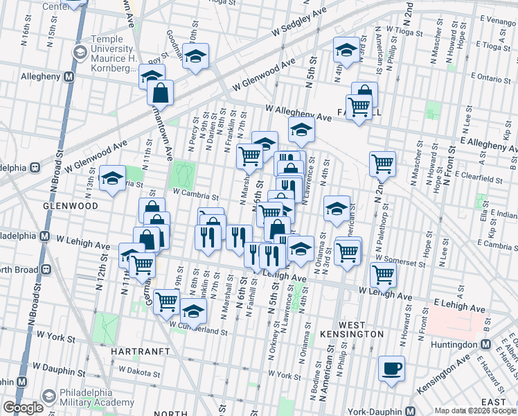 map of restaurants, bars, coffee shops, grocery stores, and more near 2861 North 6th Street in Philadelphia