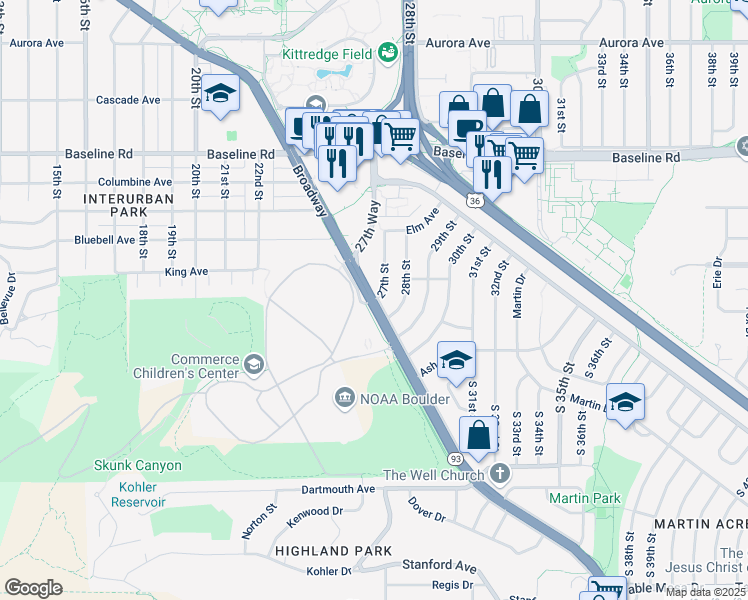map of restaurants, bars, coffee shops, grocery stores, and more near Broadway & 27th St in Boulder