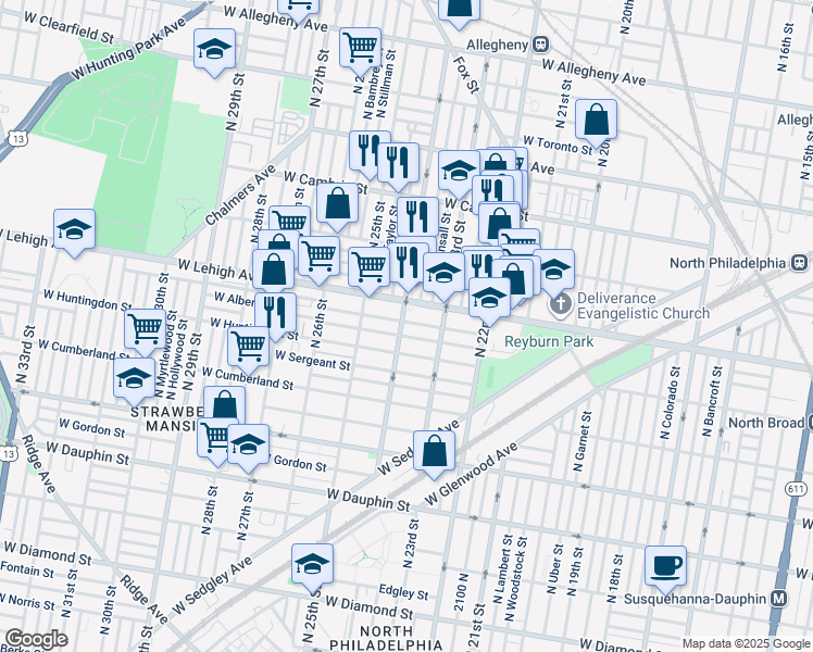 map of restaurants, bars, coffee shops, grocery stores, and more near 2633 North 24th Street in Philadelphia
