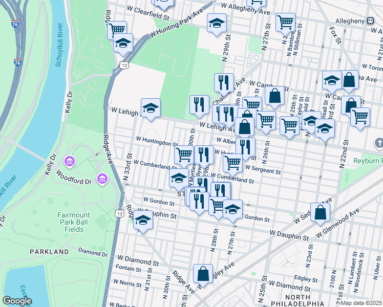 map of restaurants, bars, coffee shops, grocery stores, and more near 2551 North 30th Street in Philadelphia