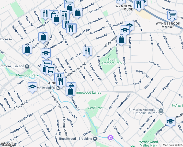 map of restaurants, bars, coffee shops, grocery stores, and more near 2157 Chestnut Avenue in Ardmore
