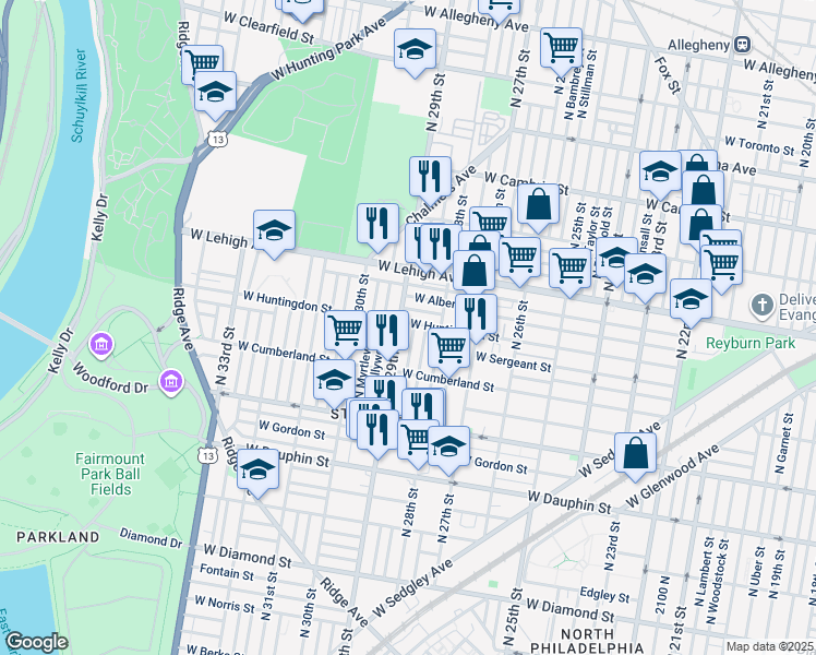 map of restaurants, bars, coffee shops, grocery stores, and more near 2844 West Huntingdon Street in Philadelphia