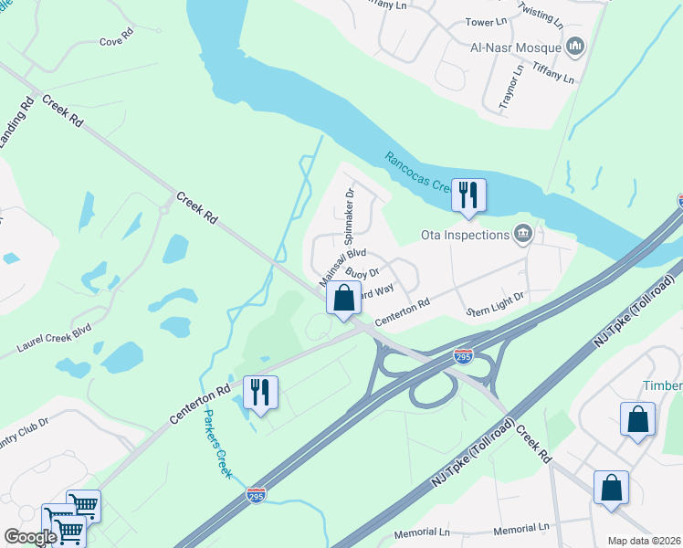 map of restaurants, bars, coffee shops, grocery stores, and more near 5 Transom Court in Mount Laurel Township
