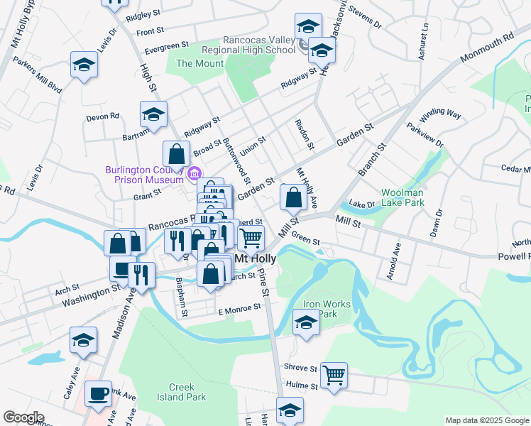 map of restaurants, bars, coffee shops, grocery stores, and more near 35 Buttonwood Street in Mount Holly