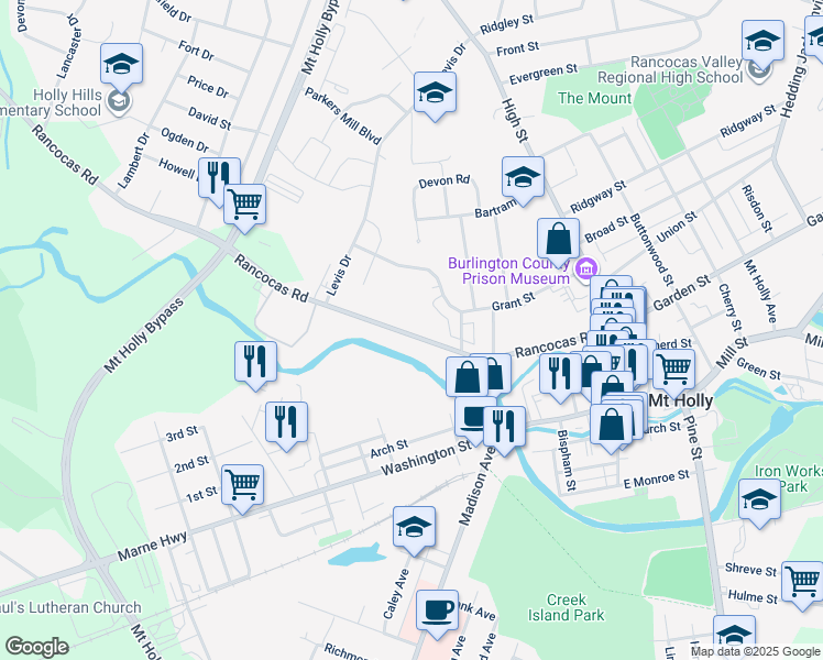 map of restaurants, bars, coffee shops, grocery stores, and more near 161 Rancocas Road in Mount Holly