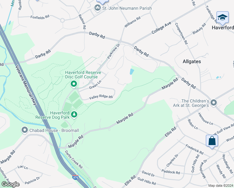 map of restaurants, bars, coffee shops, grocery stores, and more near 246 Valley Ridge Road in Haverford