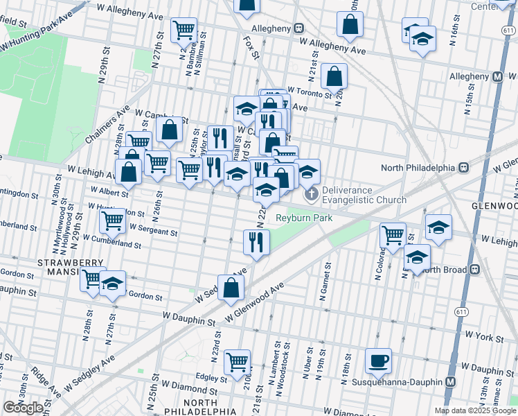 map of restaurants, bars, coffee shops, grocery stores, and more near 2644 North 22nd Street in Philadelphia
